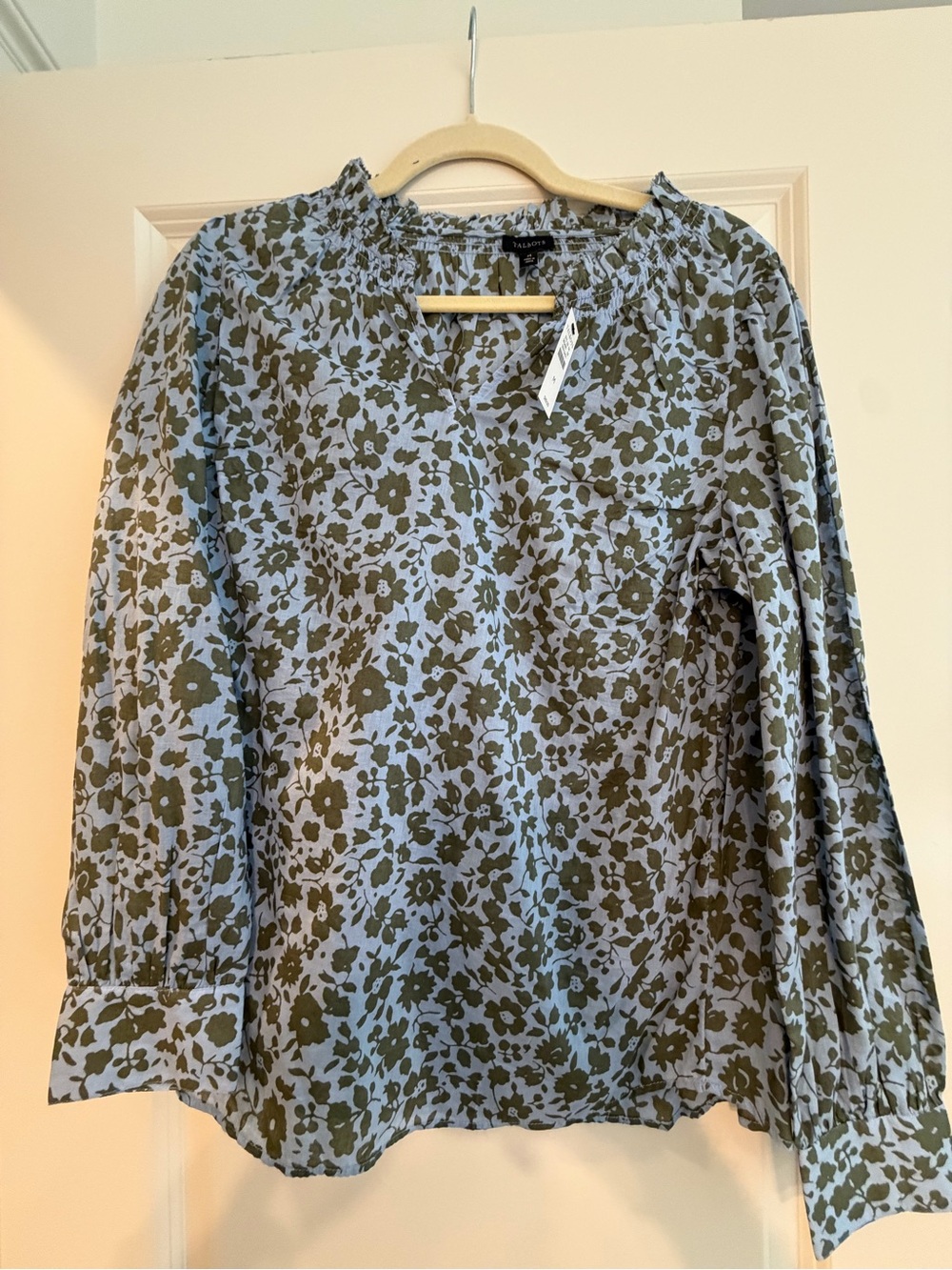 Talbots Blue Floral Long-Sleeve Blouse with Olive Print